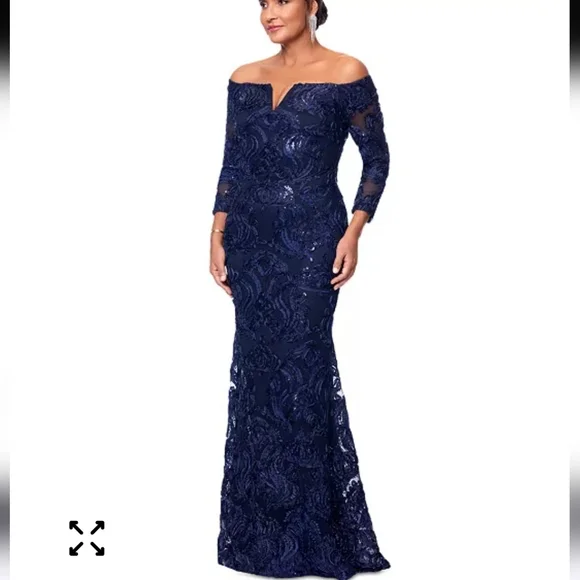 $359 XSCAPE Women Embellished Off-The-Shoulder 3/4-Sleeve Gown Sz 6 Wedding Glam - Picture 2 of 16